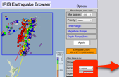 Image of earthquake browser with 1000 quakes in Fiji region selected