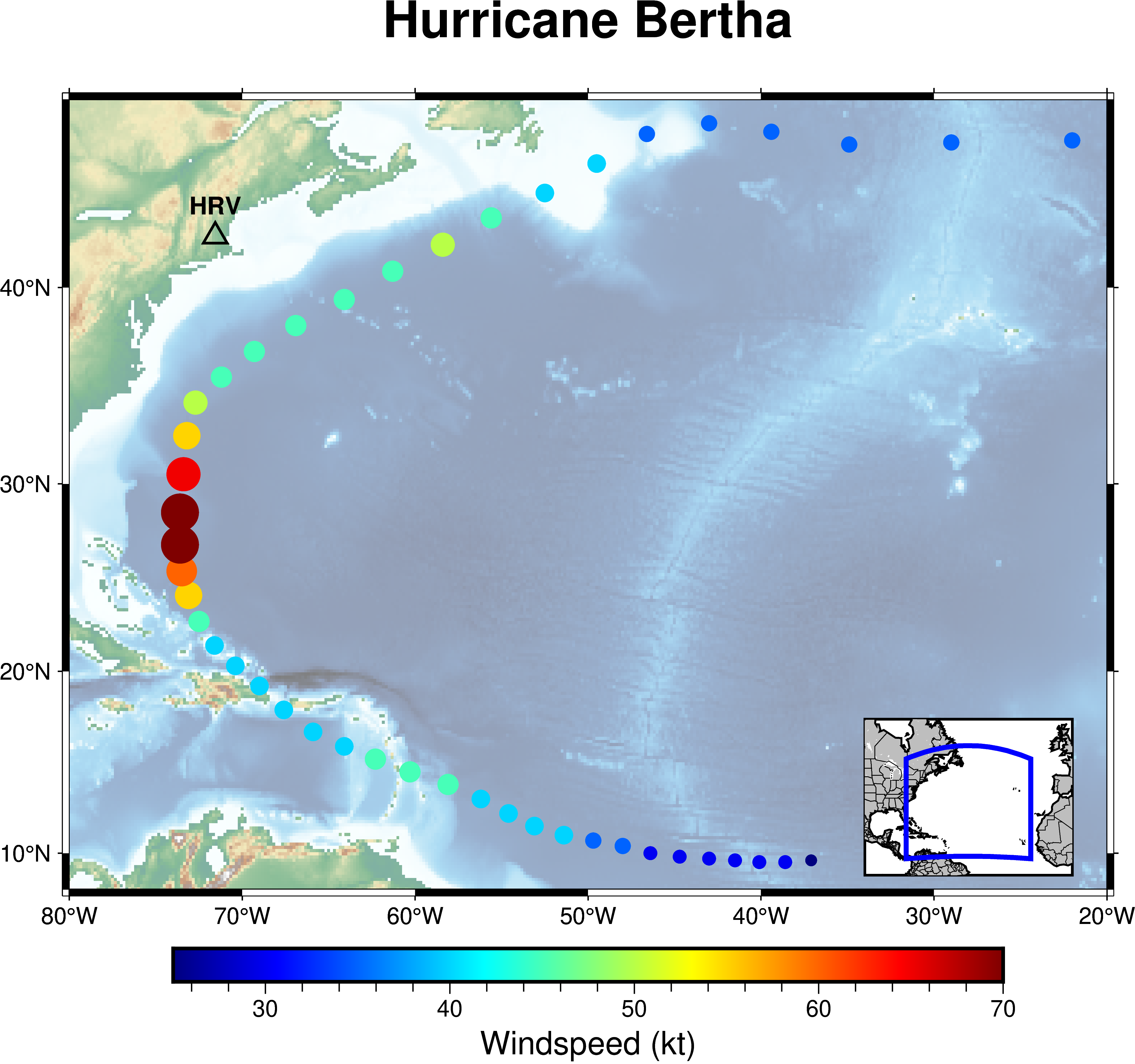 Plot of Hurricane Bertha's Path on GMT map